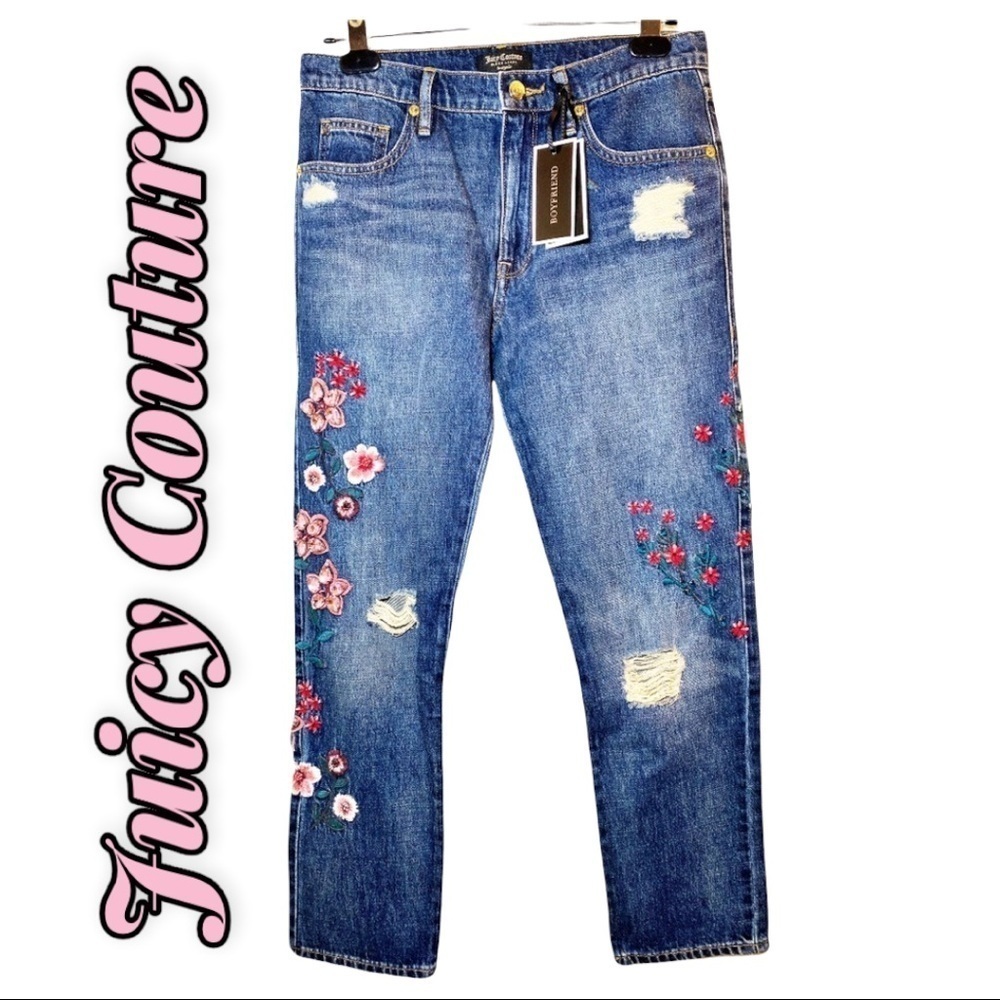 Nwt Juicy Couture Black Label Rhinestone Cherry Blossom Boyfriend Jeans, 26